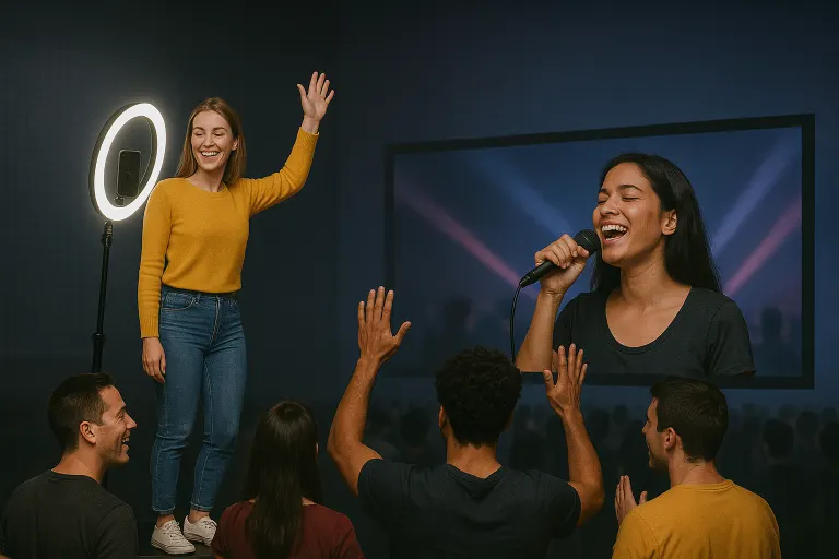 Invitados animando a una chica sobre una tarima con aro de luz mientras otra canta en pantalla