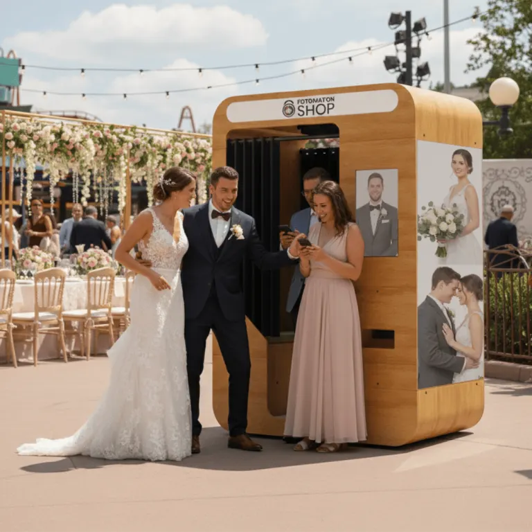 Novios junto a un fotomatón de madera con fotos impresas en una boda