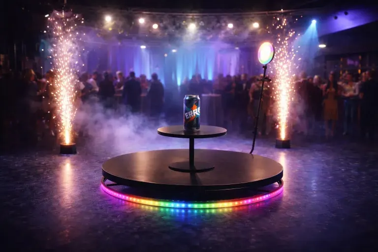 Invités enregistrant une vidéo sur un photobooth 360 lors d'une activation de marque