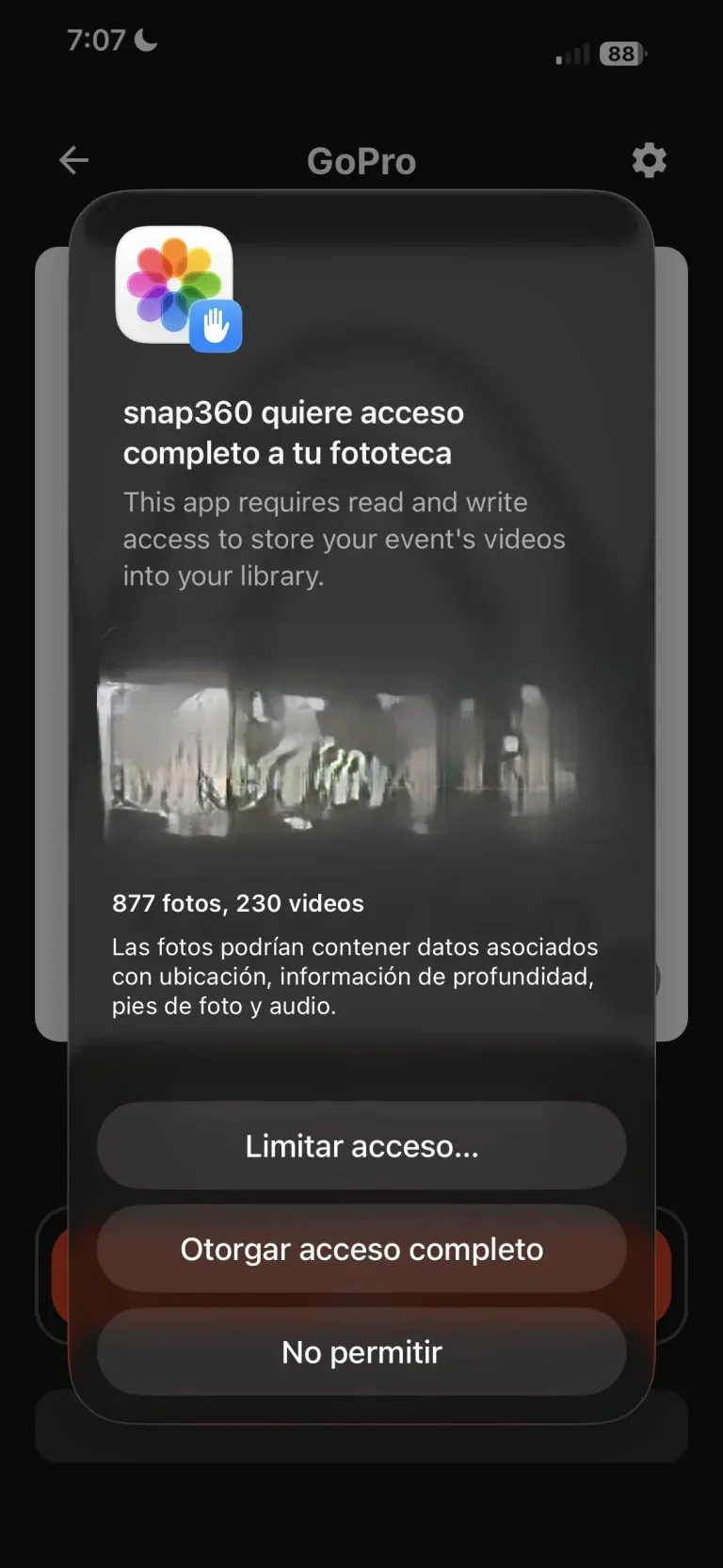 Paso 10 para conectar la GoPro: permiso de acceso a la galería
