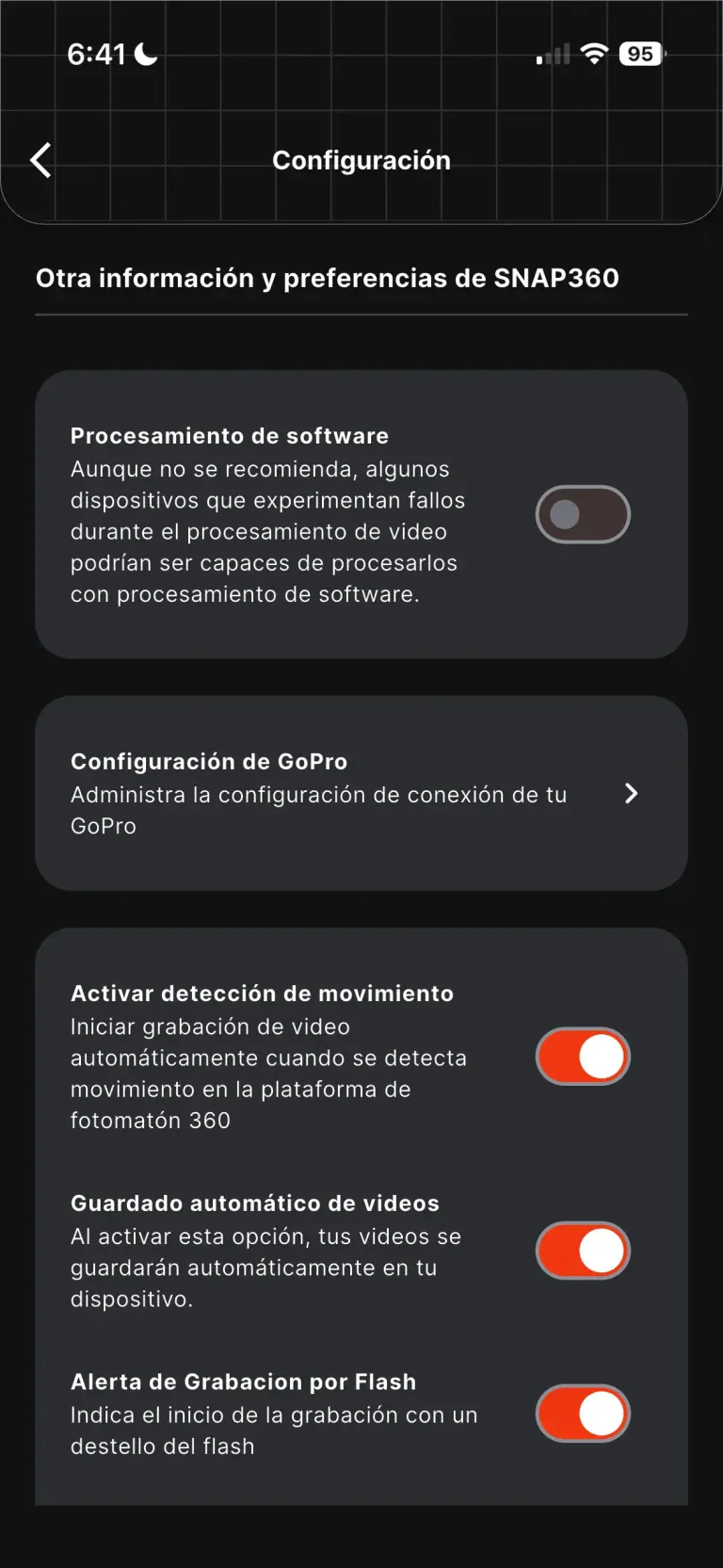 Paso 3 para conectar la GoPro: ajustes de la app Snap360
