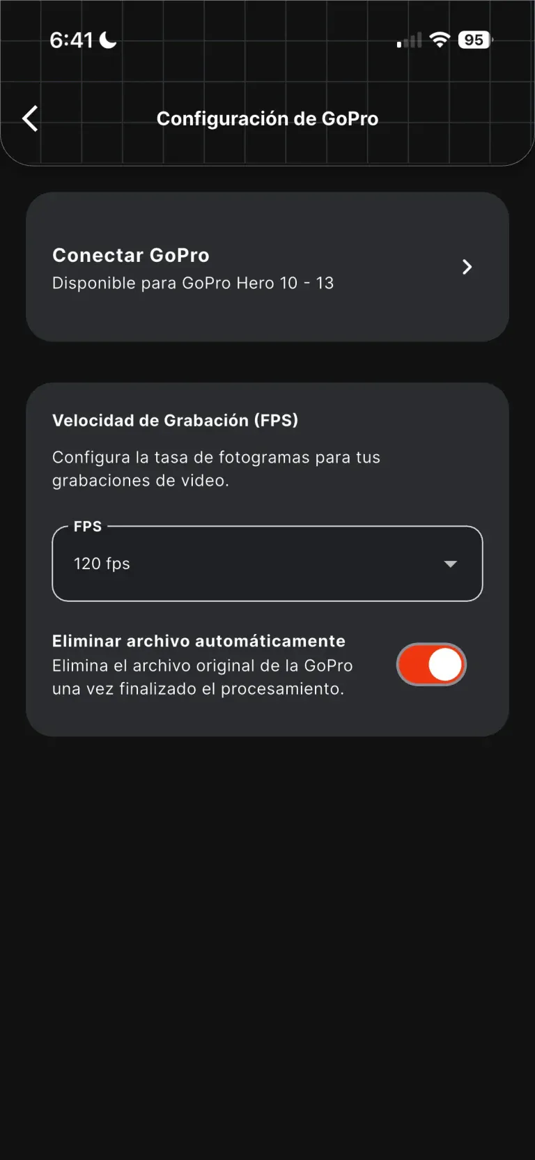 Paso 4 para conectar la GoPro: apartado de configuración de la GoPro