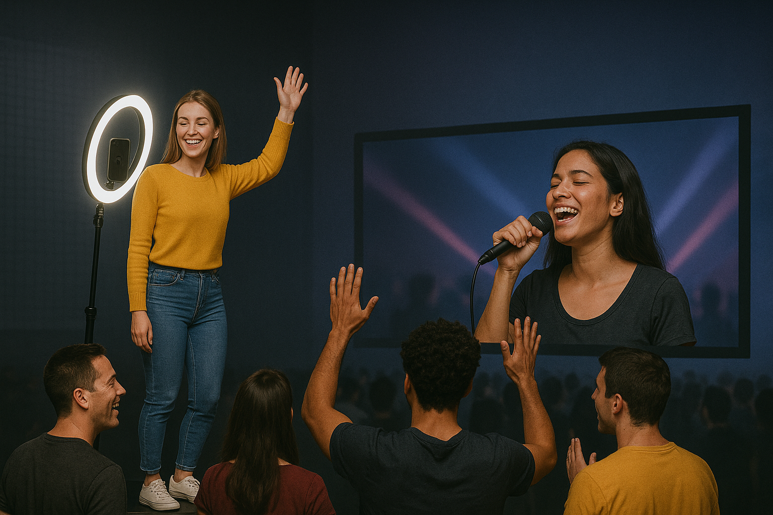 Guests cheering a friend on a lit stage while another sings on screen