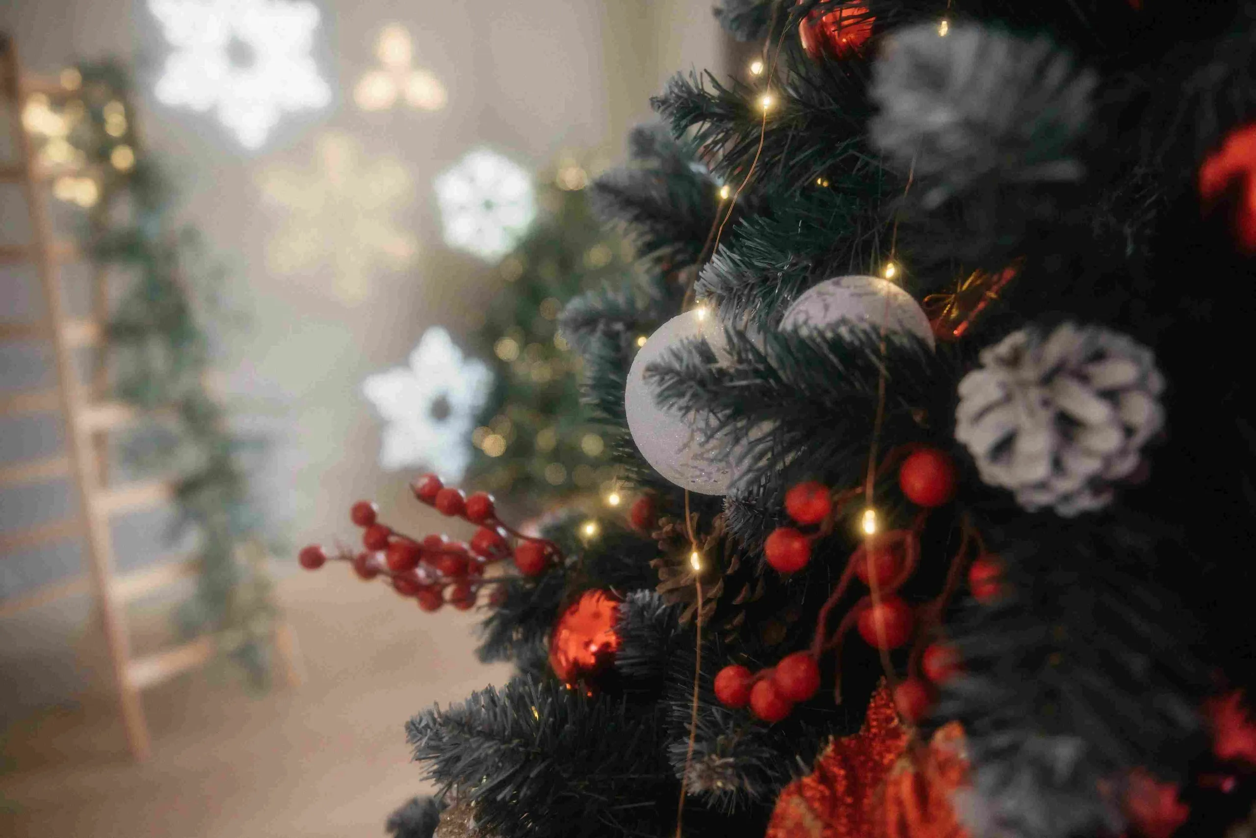 Decorated Christmas tree in a living room ready for filming