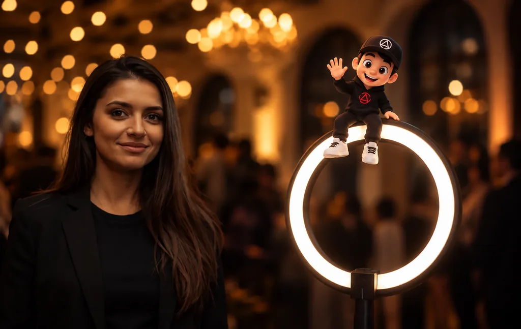 Mila Moretti, fundadora de Snap360, junto a una plataforma de fotomatón 360 en un evento