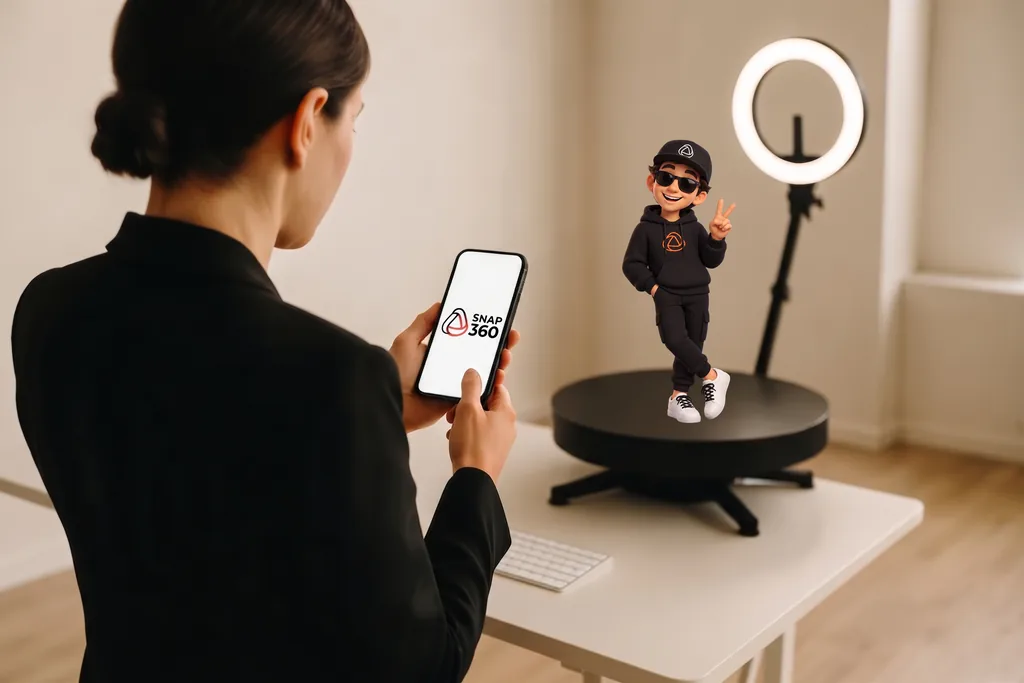Mila Moretti using the Snap360App next to a 360 platform with Snappy and the ring light