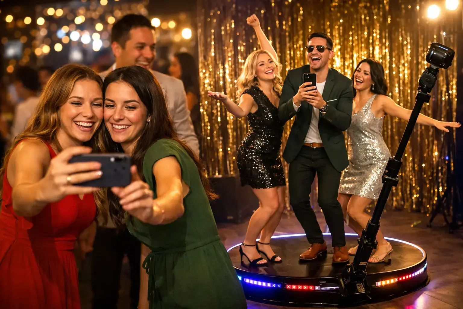 Guests taking a selfie next to a 360 platform at a party with a gold curtain