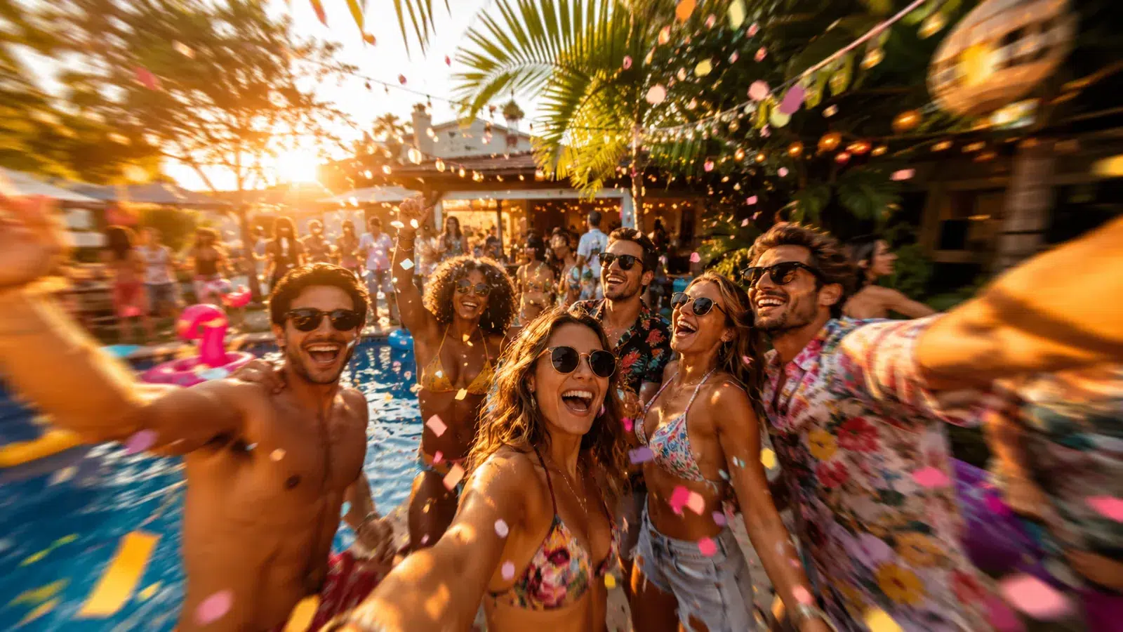 Friends celebrating at a summer backyard pool party at golden hour with confetti, sunglasses and string lights