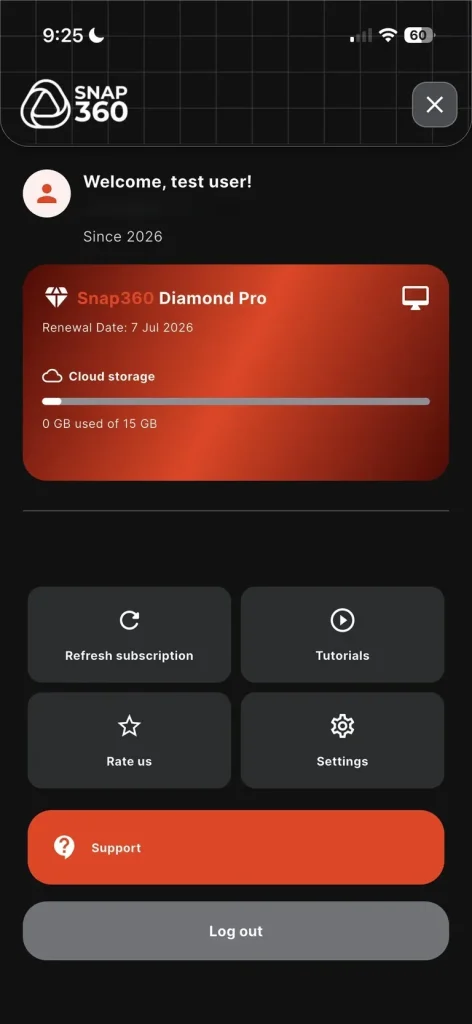 Snap360:s kontoskärm med prenumerationen och supportavsnittet Snap360:s kontoskärm med prenumerationen och supportavsnittet
