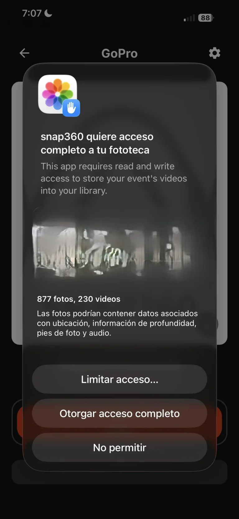 Step 10 to connect the GoPro: gallery access permission