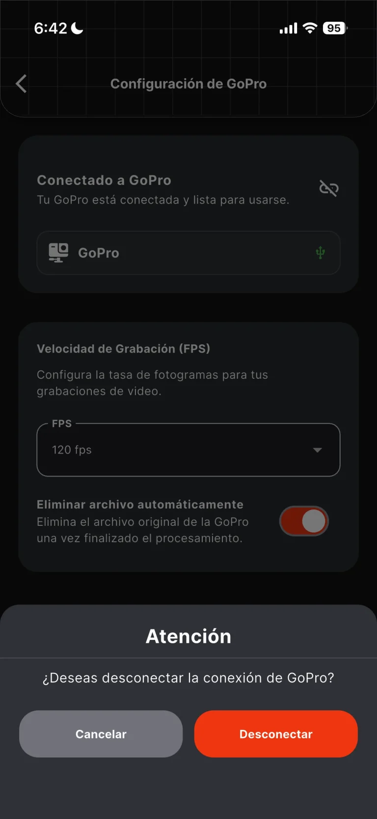 Step 14 to connect the GoPro: disconnecting the camera connected over USB