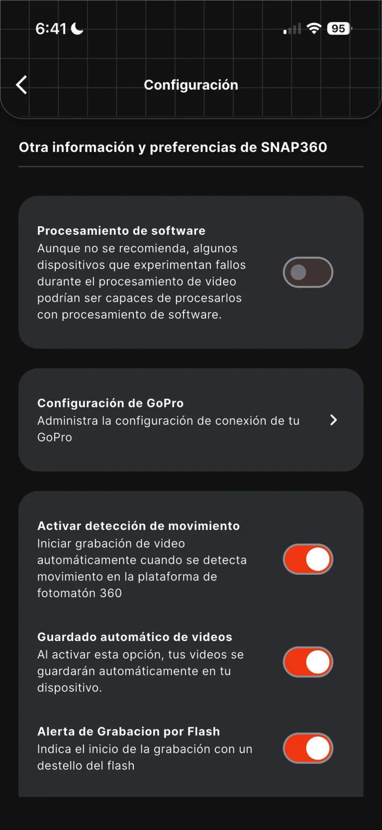Step 3 to connect the GoPro: the Snap360App settings