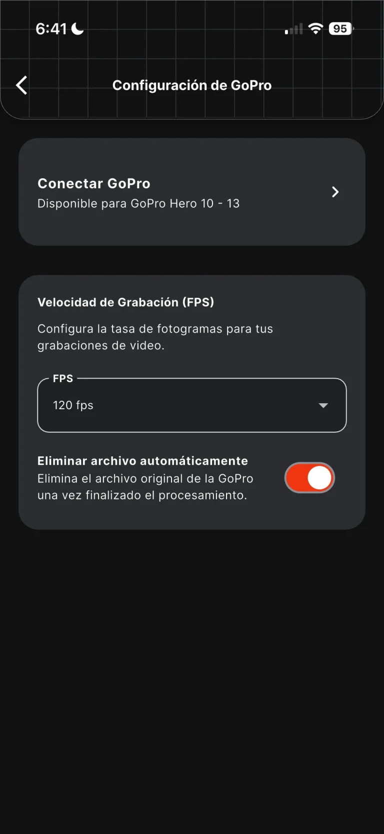 Step 4 to connect the GoPro: the GoPro settings section