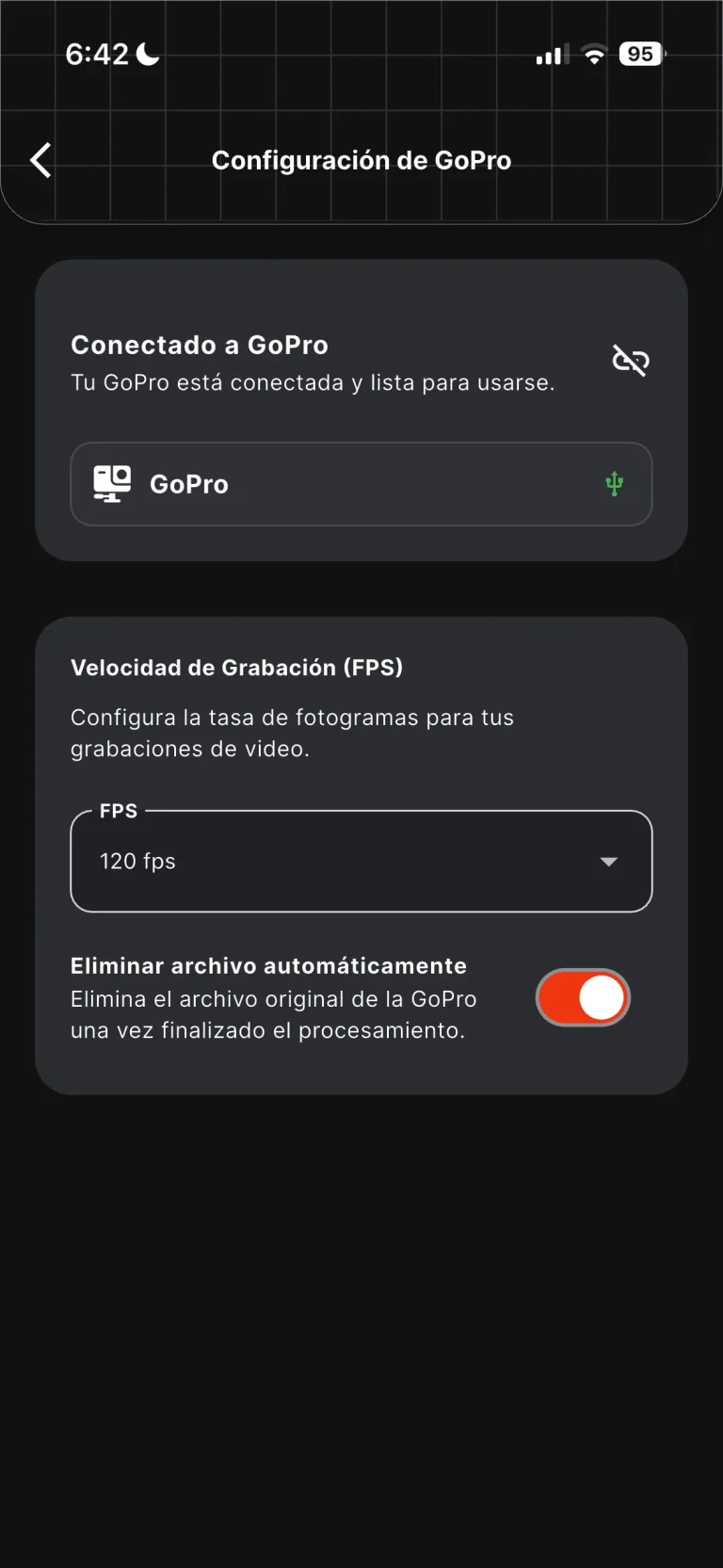 Step 7 to connect the GoPro: settings with the camera connected over USB