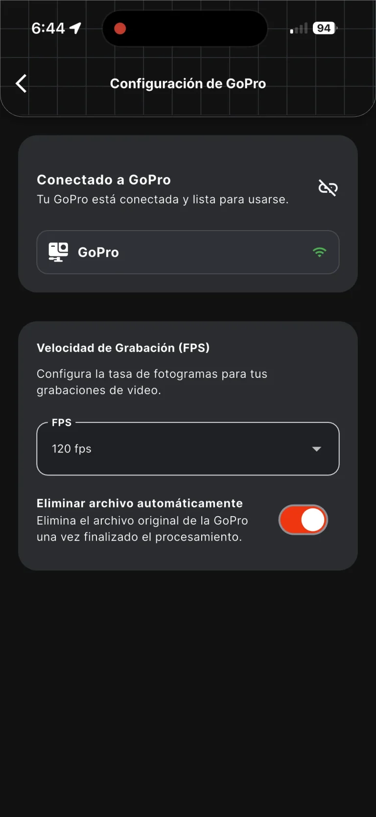 Step 7 to connect the GoPro: settings with the camera connected over Wi-Fi