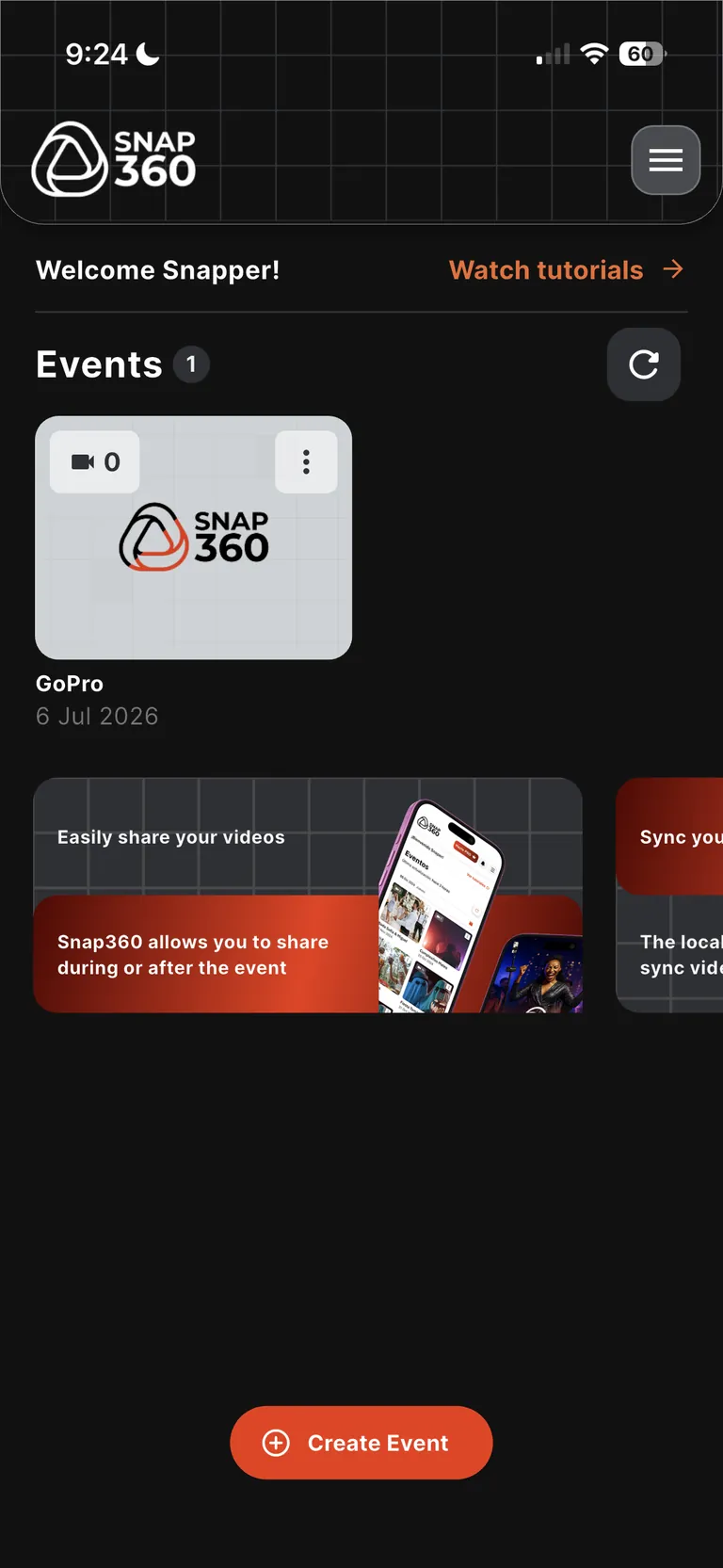 Подключение GoPro, шаг 1: главный экран Snap360