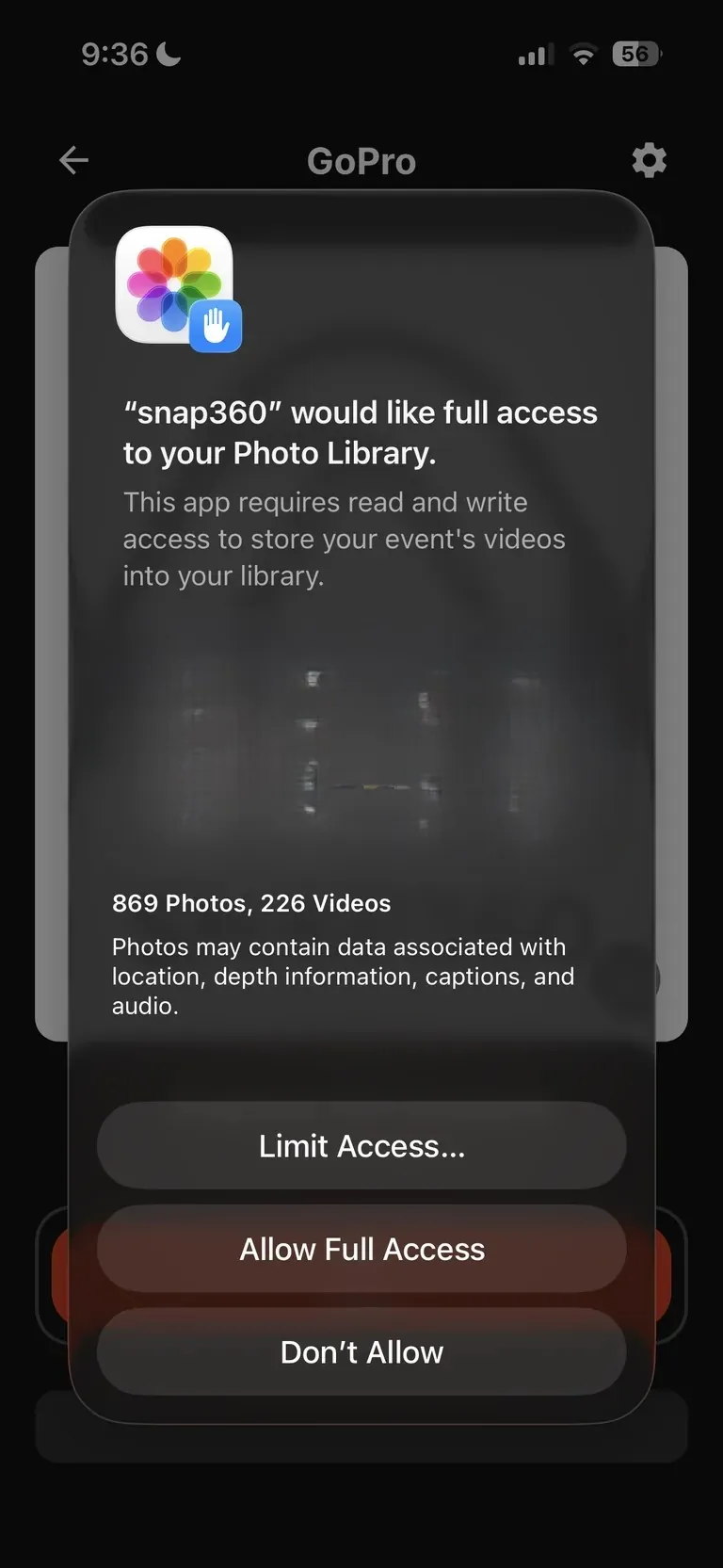 Zugriff auf die Fotogalerie erlauben, damit Snap360 die Videos speichern kann