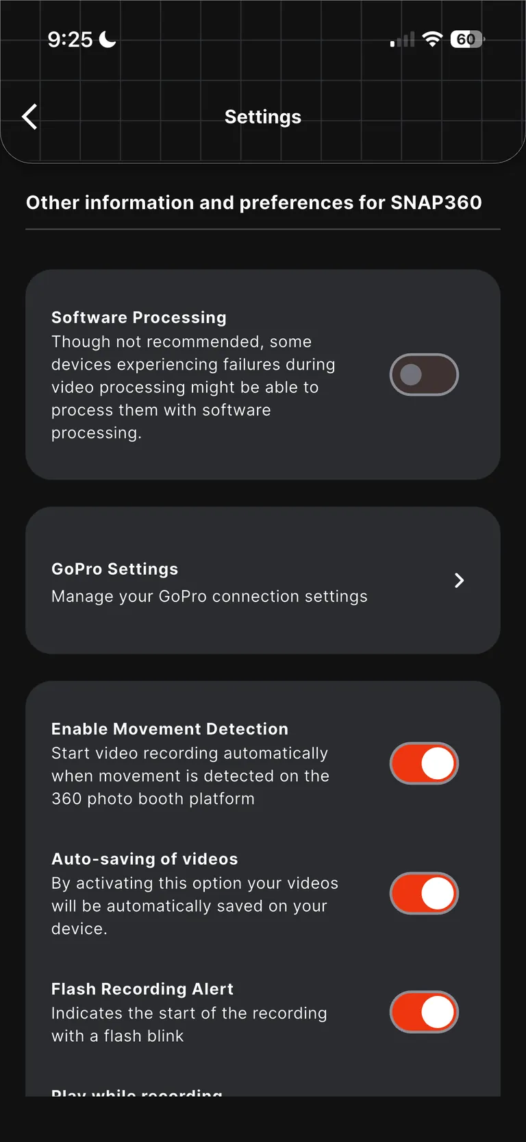 Écran des réglages de Snap360, où se configure la connexion GoPro Écran des réglages de Snap360, où se configure la connexion GoPro