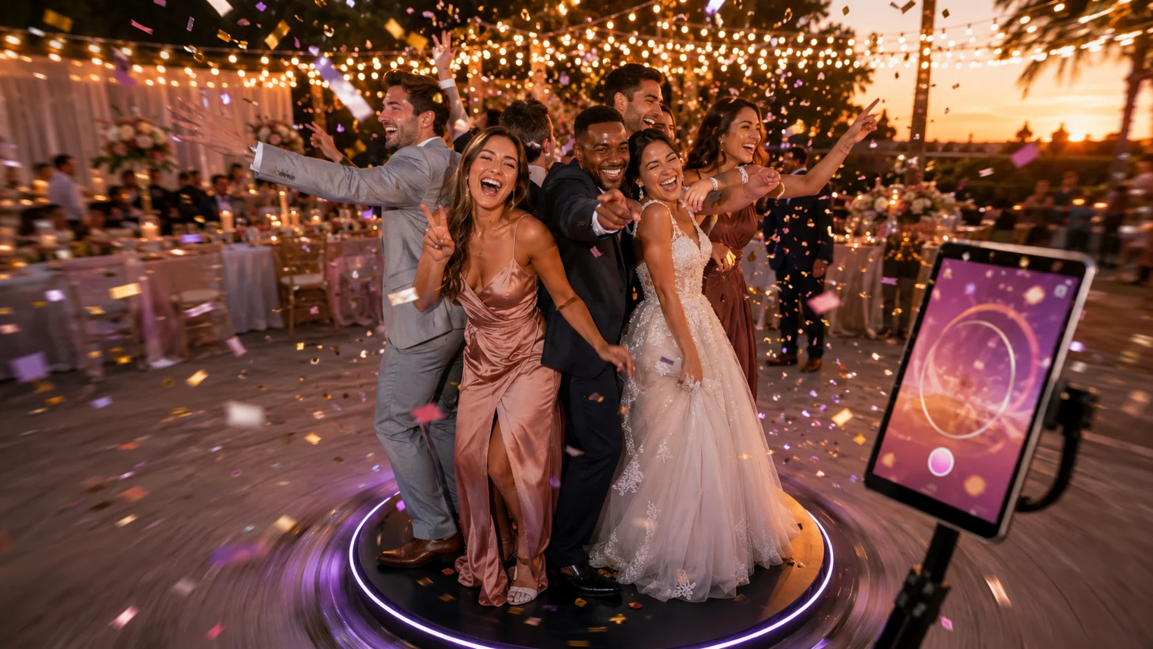 Newlyweds and guests dancing on a lit 360 platform at an outdoor wedding