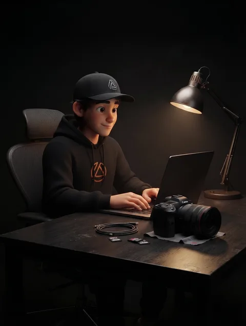 Snappy, the Snap360 mascot, at his desk with a Canon DSLR connected to a laptop