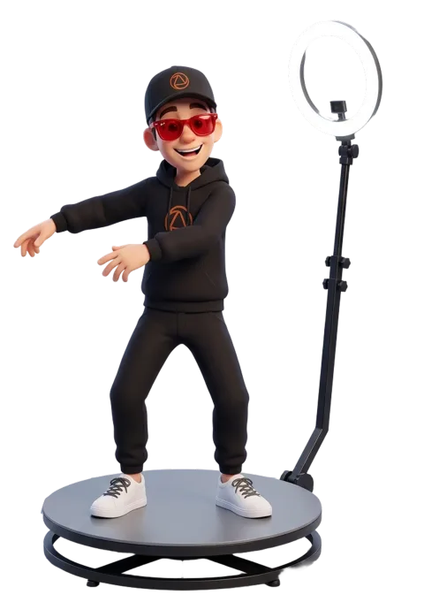Snappy on the turntable of a 360 photo booth