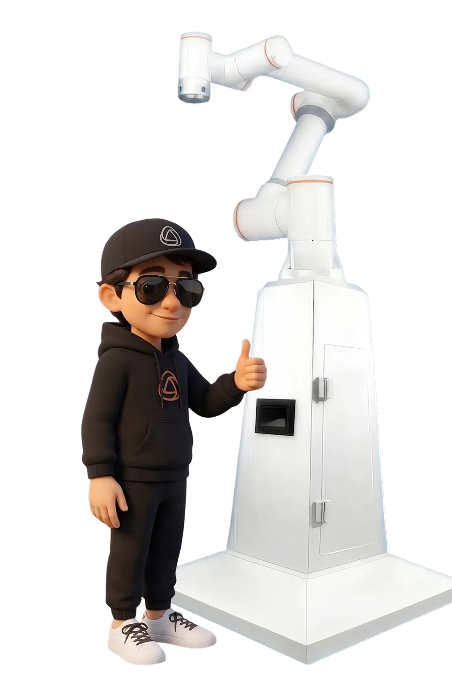 Snappy next to a glambot, the robotic arm photo booth that Snap360 drives