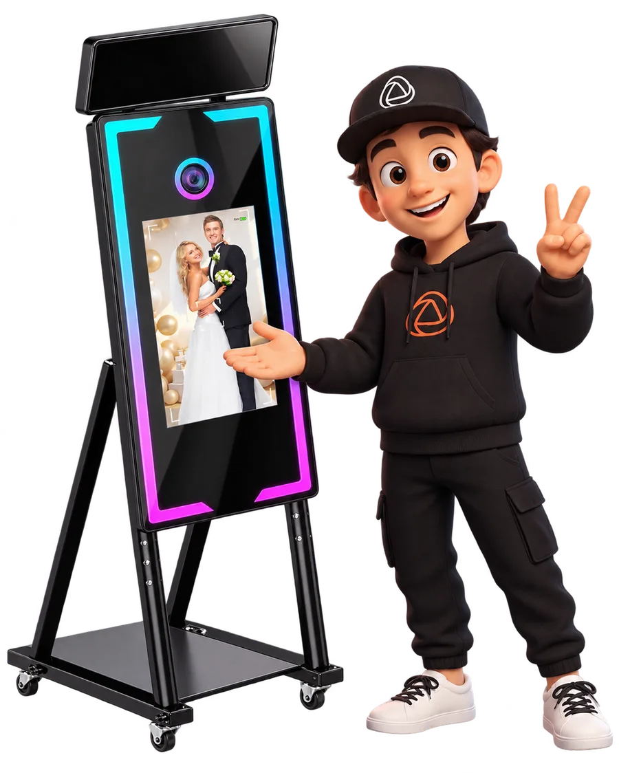 Snappy next to a mirror photo booth with Snap360