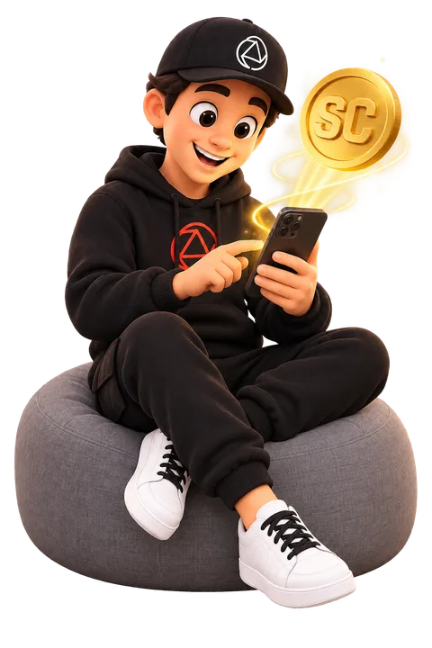 Snappy sitting with a phone, checking his SnapCoins