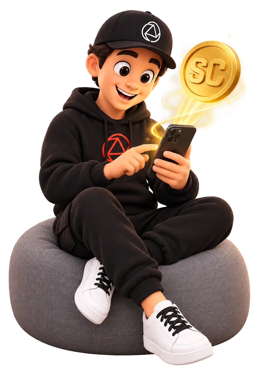 Snappy сидит с телефоном и проверяет свои SnapCoins